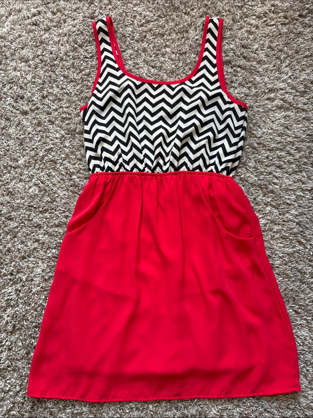 Black-and-White Chevron Bodice with Bright Red Skirt Dress